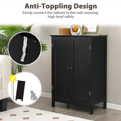 Tangkula Freestanding Storage Cabinet with Double Doors and Shelf, Modern Home Furniture, Wooden Home Organizer for Living Room, Bathroom Storage Cabinet (Black)