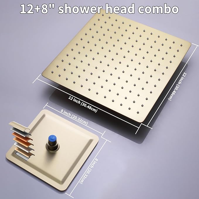 Brushed Gold Shower System Digital Temperature Display Shower Faucet Set with 12 inch Ceiling Mounted + Dual 8 inch Wall Mounted Shower Head Combo Set, Handheld Spray