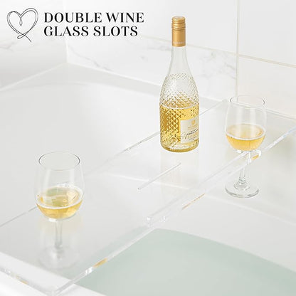 34" Supreme Plus- Luxury Bathtub Tray Caddy- 3/8" Thick, Clear Bath Tub Tray Table for 1 or 2 Bathers, Acrylic Bathtub Caddy, iPad and 2 Wine Glass Holders (Supreme Plus, 34")