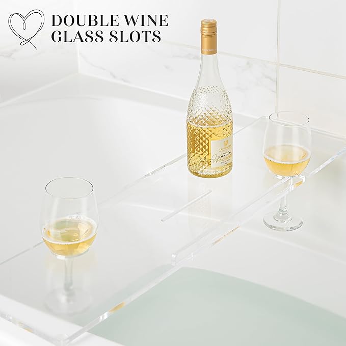 32" Supreme Plus- Luxury Bathtub Caddy - 3/8" Thick, Clear Bath Tub Tray Table for 1 or 2 Bathers, Acrylic Bath Tray Bathtub Caddy- Book, iPad and 2 Wine Glass Holders (32")