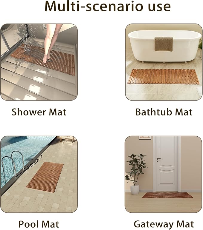 Teak String Shower Mat,Wood Non Slip Bath Mats for Bathroom, Quick Dry Bath Tub Mat for Spa, Sauna, Pool, Hot Tub Flooring Decor and Protector(19.69" W x 46.46" L)