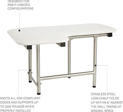 32" x 22.5" White Padded Wall Mount Folding Right-Handed Transfer Bench Shower Seat with Legs, ADA Compliant