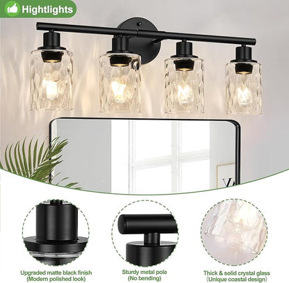 4-Light Bathroom Light Fixtures, Matte Black Vanity Lights with Water Ripple Clear Glass Shade, Bathroom Wall Lamp for Mirror, Kitchen, Living Room, Hallway, Cabinet, Porch