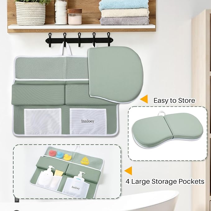 Baby Bath Kneeler and Elbow Rest Pad Set, 1.6'' Thick, Quickly Dry, Bathtub Kneeler Pad with Baby Toys & Bath Accessories Storage, Bath Kneeling Pad and Elbow Pad for Baby Tub Green