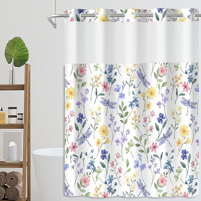 No Hook Shower Curtain Set with Snap in Fabric Liner for Bathroom,with See Through Top Window,Double Shower Curtain with Detachable Liner Replacement,Machine Washable,Flowers,71"x 74"