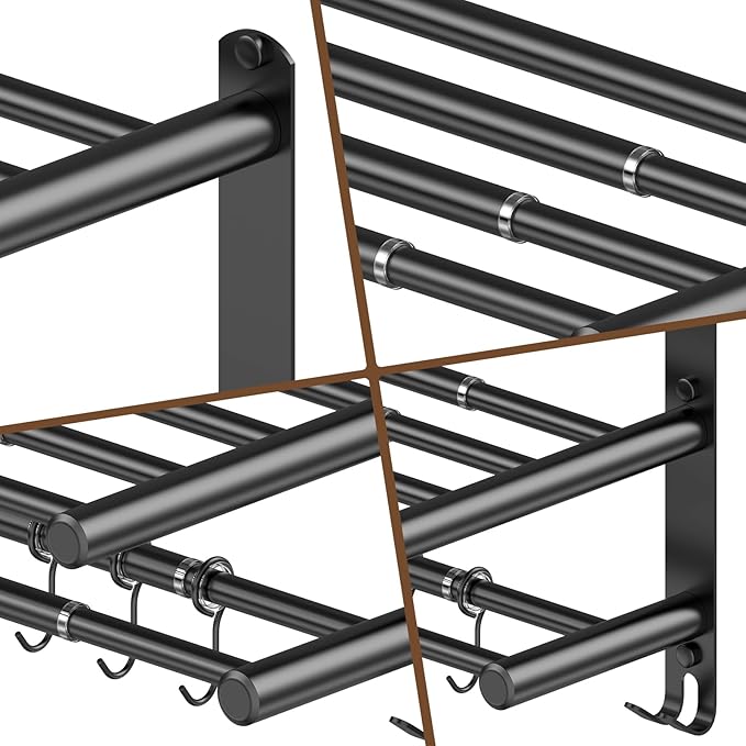Adjustable 16.9–28" Matte Black Towel Rack for Bathroom SUS304 Stainless Steel 2-Tier Shelf with Extended Bar & 4 Sliding Hooks, Adhesive or Screw Mount, Bathroom/Over-Toilet Organizer