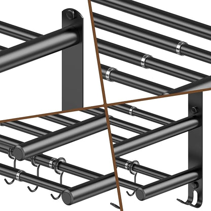 Adjustable 16.9–28" Matte Black Towel Rack for Bathroom SUS304 Stainless Steel 2-Tier Shelf with Extended Bar & 4 Sliding Hooks, Adhesive or Screw Mount, Bathroom/Over-Toilet Organizer