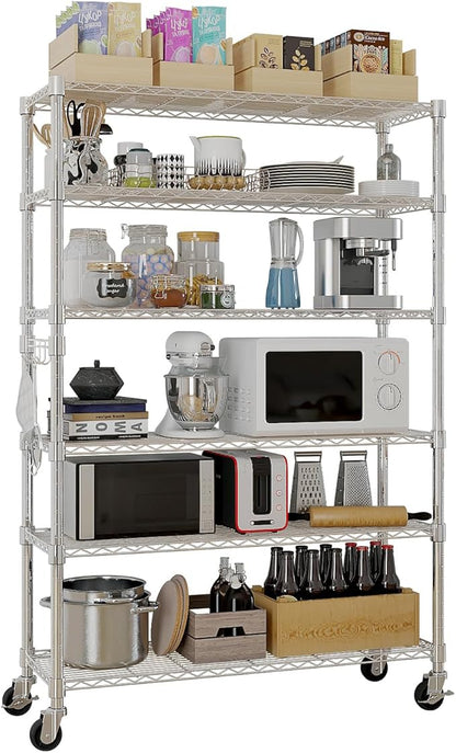 6 Tier Storage Racks Shelving, Heavy Steel Pantry Shelves, Adjustable Wire Shelving Rack with Wheels, Suitable for Garage, Kitchen, Bathroom, Office, 46" W x 18" D x 82" H, Chrome