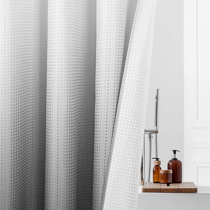 MitoVilla No Hooks Needed Grey Ombre Waffle Shower Curtain Liner Set, Modern Waffle Weave Heavy Duty Fabric Cloth Shower Curtain with Snap-in Liner for Luxury Neutral Hotel Spa Bathroom Decor, 72 x 74