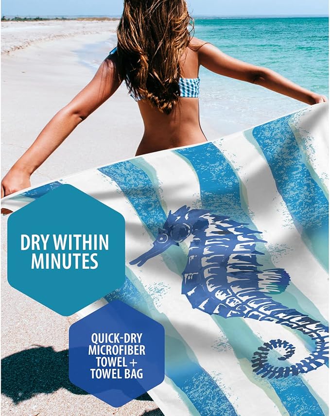 VENTURE 4TH Microfiber Beach Towel: Quick-Dry, Compact, Sand-Free, Absorbent, Sandproof and Lightweight - Perfect for Camping, Beach, and Roadtrips (Striped Seahorse Design | 35x78 inches)