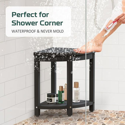 Waterproof Corner Shower Stool for Inside Shower, Poly Lumber Shower Bench Seat Chair, Bath Shower Stool for Shaving Legs Foot Rest with Storage Shelf, Adjustable & Non-Slip Feet, Black