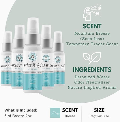 Mist N’ Go by Omaze Travel Bathroom Spray for Toilet Spray Odor Eliminator - Travel Toilet Spray for Bathroom Air Freshener Spray for Bathroom Deodorizer - Breeze Regular Size (2oz x5)