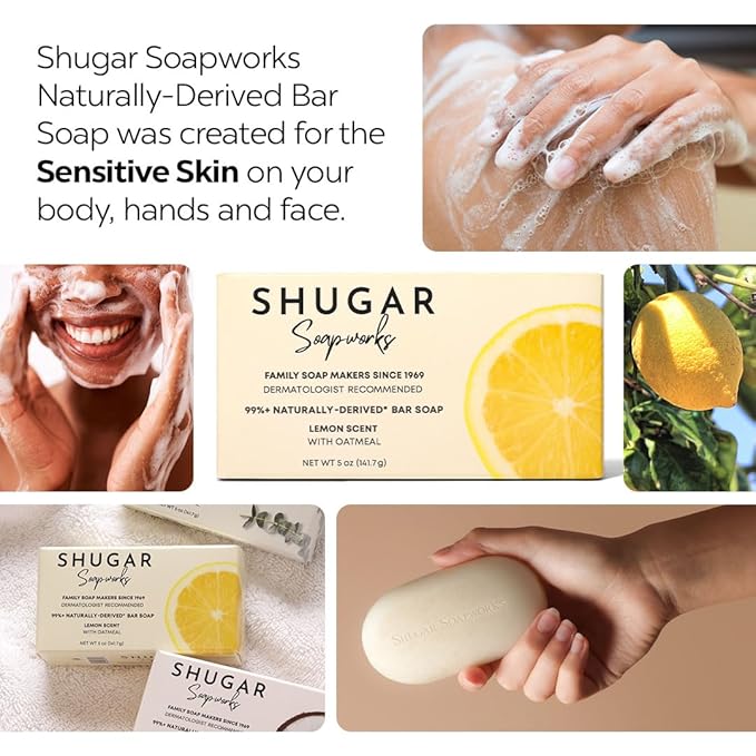 Shugar Soapworks Oatmeal & Lemon Verbena 5 oz Beauty Bar Soap 8-Pack | Plant-Based Vegan Formula | Sulfate & Paraben Free | Gentle Exfoliating Cleanser with Finely Ground Oatmeal Flakes