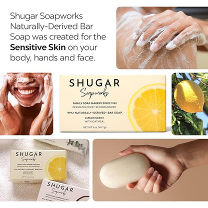 Shugar Soapworks Oatmeal & Lemon Verbena 5 oz Beauty Bar Soap 8-Pack | Plant-Based Vegan Formula | Sulfate & Paraben Free | Gentle Exfoliating Cleanser with Finely Ground Oatmeal Flakes