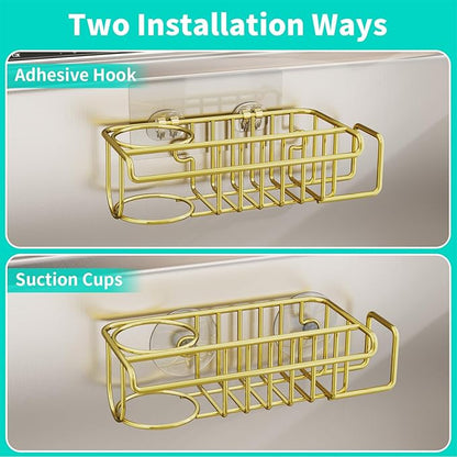 HapiRm Sponge Holder for Kitchen Sink, No Drill Kitchen Sink Caddy Organizer, Rustproof Dish Sponge Holder- Gold(8.73 * 3.54 * 2.36in)