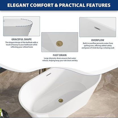 Sarlai 59 Inch Acrylic Freestanding Soaking Bathtub Contemporary Soaking White Tub Stand Alone Ergonomic Bathtub with Gold Drain