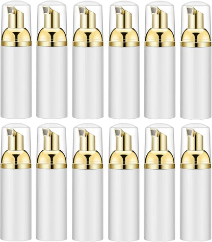 Lil Ray 2 Oz Empty White Foam Pump Bottle, Foamer Soap Dispenser for Lash Shampoo, Hand Soap, Foaming Cleaner(Gold Pump, 12 PCS)