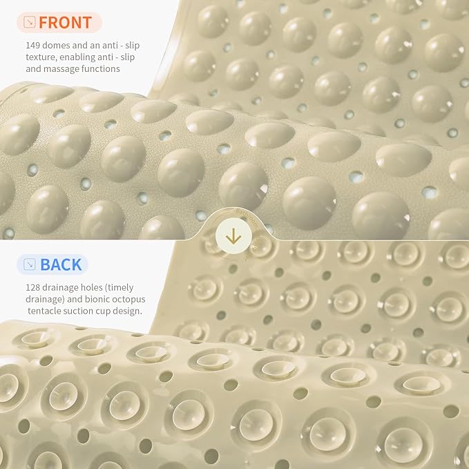Anti-Slip Bathtub Shower mat, 27.5×14.5（Approximately 70×37cm） inch Soft Oversized Machine Washable Non-Slip Bathtub mat with Drainage Holes, Bathroom Floor Suction Cup.（1-Opaque Khaki）