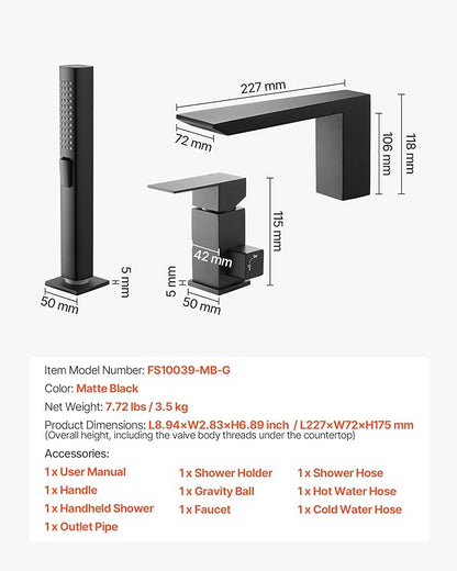 VEVOR Roman Tub Faucet, 3 Hole Waterfall Bathtub Faucet, Roman Bathtub Faucets Set with Shower Head & 1 Handle, Romans Bathtub Faucets for Pet Washing, Adult Bathing, Matte Black, Stainless Steel