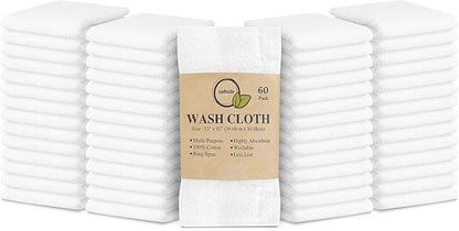 Softolle 100% Cotton Washcloths 60 Pack (12x12 Inches) Soft, Highly Absorbent Washcloth, Face Towels, Wash Cloths for Face, Ring Spun, Bulk Pack (White)