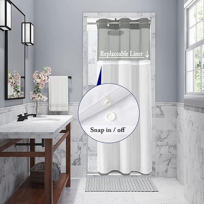 Gibelle Stall Small Shower Curtain 36x74, Waffle Weave Shower Curtain with Snap-in Fabric Liner Set, No Hooks Needed, Hotel Style with Mesh Top Window, Grey