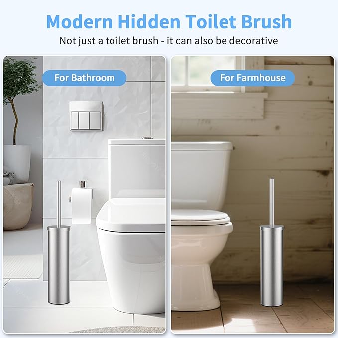 Stainless Steel Toilet Brush and Holder Set Brushed Silver Heavy Duty Toilet Bowl Brush with Long Handle for Bathroom and Farmhouse