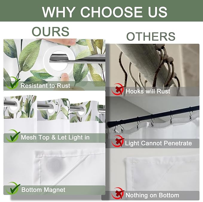 No Hook Shower Curtain and Liner Set, Sage Green Eucalyptus Floral Shower Curtains for Bathroom, Bath Curtain Sets with Snap in Liner, Waterproof with See Through Top Window, 71x77 Inches