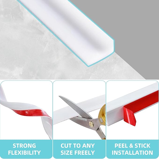 Shower Threshold Water Dam,Walk in Shower Water Guard, Shower Dam Water Barrier Bathroom Sink Splash for Dry And Wet Separation Caulk Seal Strip Edge Trim (78Inch, White)