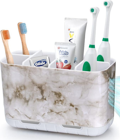 Boperzi Electric Toothbrush Holder for Bathroom Organizer Countertop, Detachable Anti-Slip Toothpaste Storage Caddy 6 Slots White Marble with Drainage Holes for Makeup Brush Razor Stand