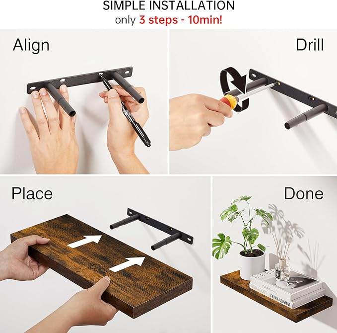 BAYKA Floating Shelves Bathroom for Wall – Shelf Over Toilet Farmhouse Rustic Wood for Bedroom, Kitchen, or Living Room Decor Organization Display Shelving – Rustic Brown, Set of 3