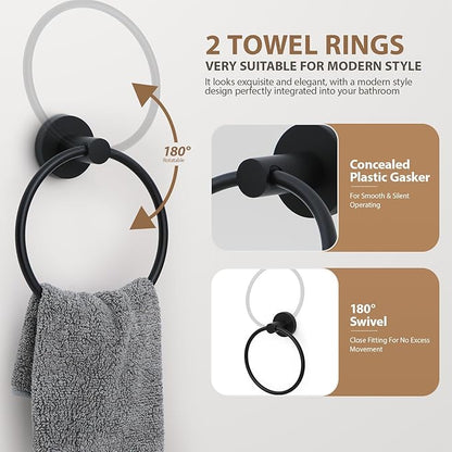 Matte Black Bathroom Hardware Set 4 Piece Towel bar Set,Towel Rack for Bathroom Wall Mounted Adjustable Expandable 24 inch Towel Holder Robe Hook Towel Ring Toilet Paper Holder