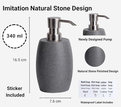 Sandstone Textured Resin Soap Dispenser with Metallic Pump and Waterproof Bottle Labels for Bathroom Kitchen Dish Hand Wash Shower Lotion Shampoo, 12 Oz, 2 Sets Gray