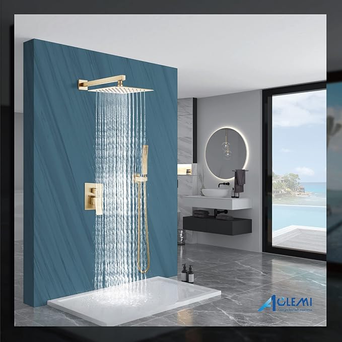 Aolemi Shower Faucet Set Rain Shower System with Handheld Spray Bathroom Shower Combo Rough-in Valve and Shower Trim Kit Included Brushed Gold 12 Inch Wall Mount Shower Head