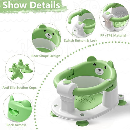 Baby Bath Seat for Babies 6 Months & Up, Toddler Bath Seats for Babies Sitting Up, Non-Slip Infant Bath Tub Chair with Suction Cups & Soft Cushion for Shower, Compact Toddler Bathtub Seat, Green