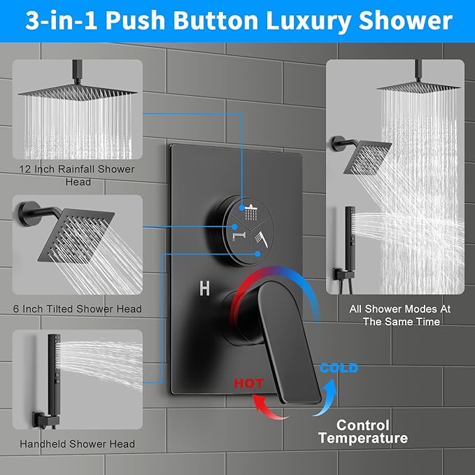 Shower Faucet Set, 3-Setting Push Button Matte Black Shower System, 12 Inch Ceiling Mounted Shower Head, 6 Inch Wall Mounted Rain Shower Head with 2 in 1 Handheld Spray, Shower Valve Trim Kit