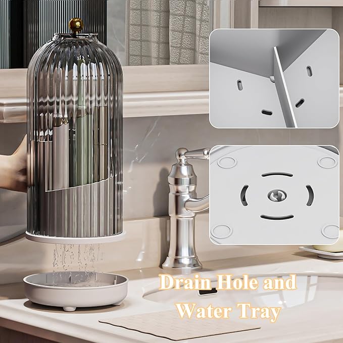 Toothbrush Holders with Cover, Drainage Rotating Electric Toothbrush Organizer, 3 Slots Tooth Brush Holder for Bathroom Counter, Grey White