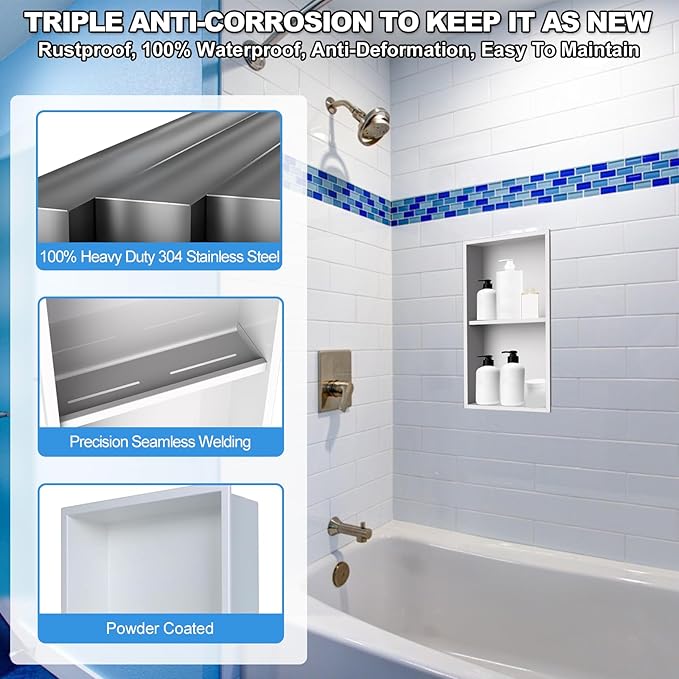 304 Stainless Steel Shower Niche Insert-24 x 12" No Tile Needed Bathroom Niche for Shower Wall-Double Shelves Built in Shower Shelf-Waterproof Recessed Cabinet for Bathroom Living Room Study Kitchen