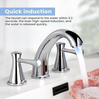 Touchless Bathroom Faucet for 3 Holes with 3 Handles, Controlling Temperature & Adjustable Water Flow, Short & Long Induction Modes, Auto Motion Sensor Chromed Bathroom Faucet Set 29180