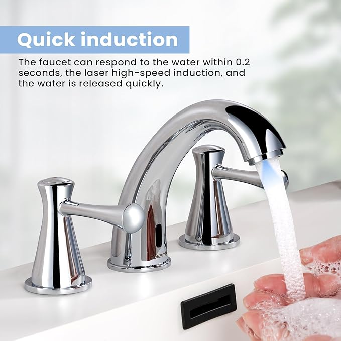 Touchless Bathroom Faucet for 3 Holes 3 Handles, Controlling Temperature & Adjustable Water Flow, Short & Long Induction Modes, Auto Motion Sensor Bathroom Faucet Set (29183 Brushed Nickel)