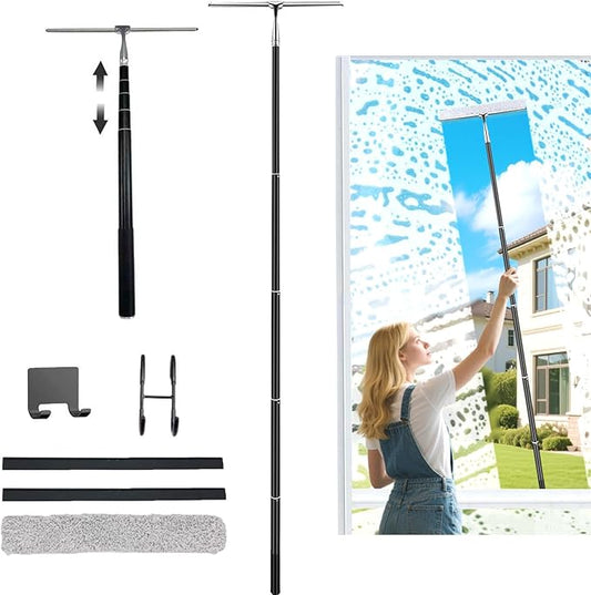 Window Squeegee with Extension Pole, 17.3″-60″ Telescopic Shower Squeegee for Glass Doors, Outdoor Window Cleaner Tool for Car Windshield Floor Tile Wall
