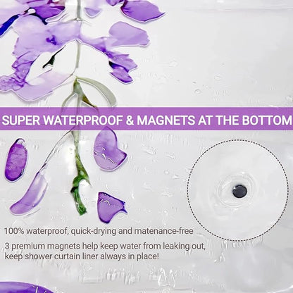 Clear Purple Floral Lavender Butterfly Shower Curtain, Plastic Transparent Cute Pretty Flower Decorative Aesthetic Shower Curtains for Bathroom, 72x72 Weighted Magnetic Shower Curtain Liner with Hooks