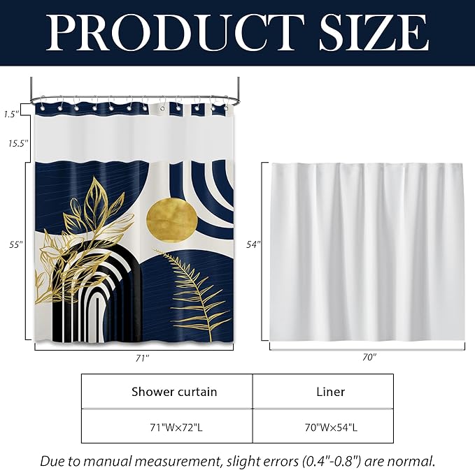 Navy Blue See Through Mesh Top Shower Curtain with Window, Boho Dark Blue and Gold Double Layer Mens Shower Curtains with Snap in Liner with Magnets, Waterproof Cloth Fabric with Hooks 71x72in