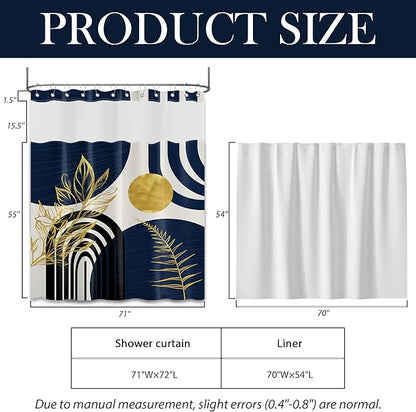 Navy Blue See Through Mesh Top Shower Curtain with Window, Boho Dark Blue and Gold Double Layer Mens Shower Curtains with Snap in Liner with Magnets, Waterproof Cloth Fabric with Hooks 71x72in