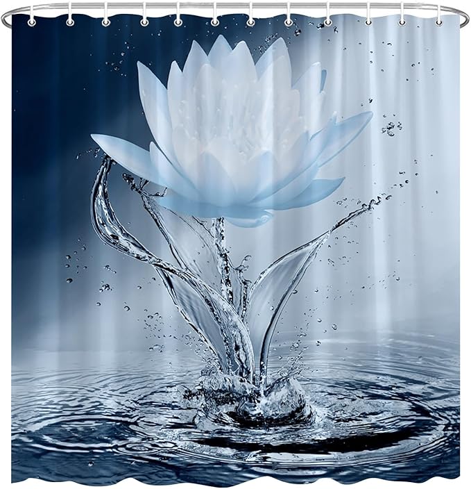 Lotus Shower Curtain Blue Flower Elegant Blooming Floral with Dew Spring Flower Reflection on Water Modern Romantic Polyester Fabric Bathroom Decor 70×84 Inch with Hook