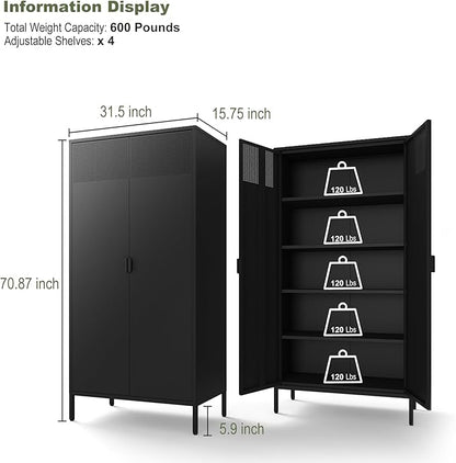 COFaR 5 Tier Black Metal Storage Cabinet, Free Standing with 2 Doors, 4 Adjustable Shelves and Legs, Cupboard Metal Cabinet for Living Room, Kitchen, Dining Room, Office