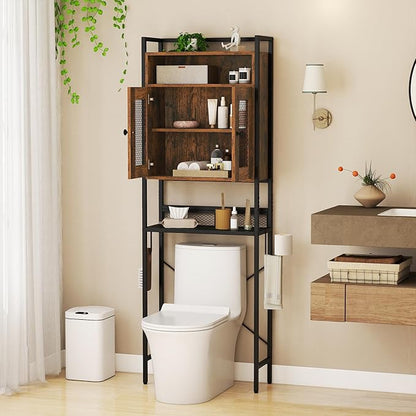 Tangkula Over The Toilet Storage Cabinet, 5-Tier Space Saver Above Toilet with 2 Mesh Doors, Metal Stand, Toilet Paper Holder & Hook, Freestanding Bathroom Cabinet Organizer for Laundry, Rustic Brown