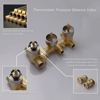 Thermostatic Shower System Brushed Nickel Shower Faucet Set, Four Modes Shower Faucet with 4 PCS Body Jet, Handheld Spray, Ceiling Mount 12 inch Shower Head with 8 inch Wall Mount Shower Head