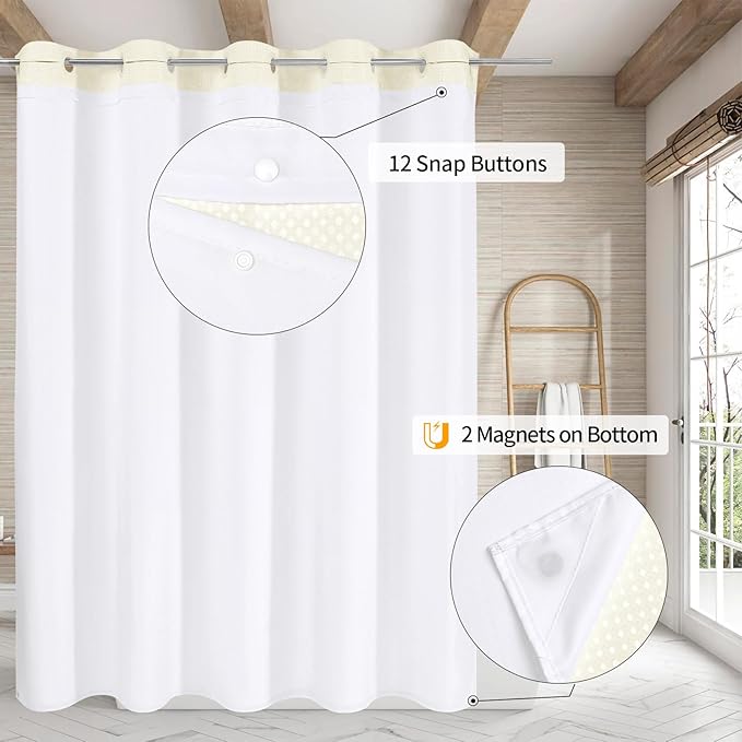 MitoVilla Ivory Long Shower Curtain Liner Set 72 x 80, No Hooks Needed 80 inch Long Heavyweight Waffle Fabric Shower Curtain Set with Snap-in Liner for Hotel Grade Spa-Like Bathroom Decor, Ivory/Beige