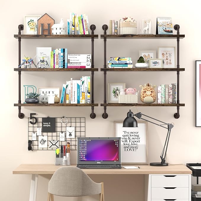 Helsin 3 Tier Industrial Pipe Shelf Rustic Wood Floating Shelves,Wall Display Bookshelf,Storage Rack Sundries Holder for Kitchen Office Bathroom Organization and Home Decor (32inch)