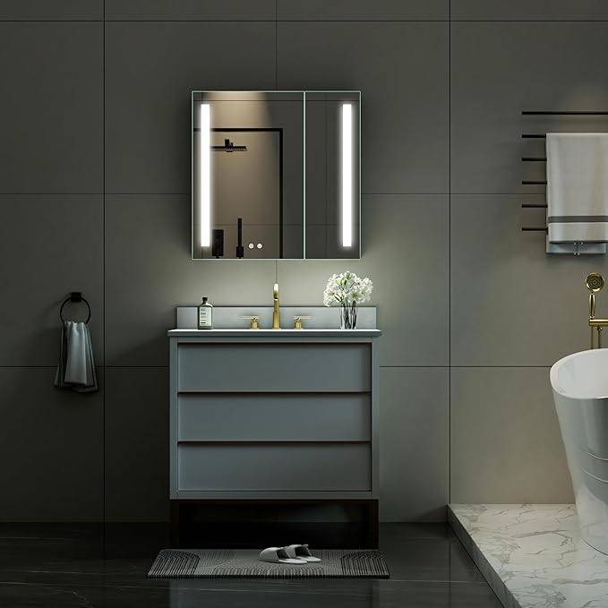WELLFOR 30" X 30" LED Medicine Cabinet with Mirror, Double Opening Door, Recessed or Surface Cabinet Mirror, Bathroom Mirror Cabinet, Medicine Cabinet with Lights with Outlets & USB Ports